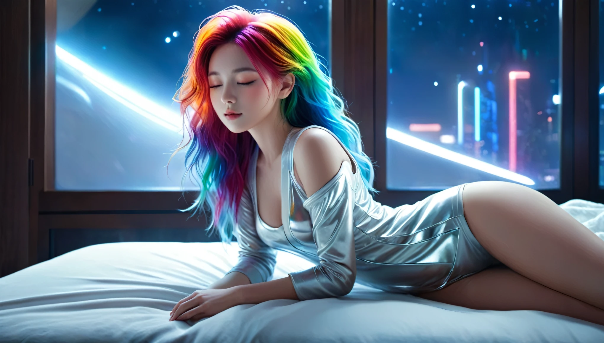 (best quality,8k,ultra-detailed:1.2),(CG,CG art,3D rendering),(masterpiece:1.2),(Crawling on the table),(Sexy clothing),(movie lighting,futuristic),(woman lying in bed,sleeping,closed eyes),(large window behind her,tranquil night),(colorful hair:1.5)
