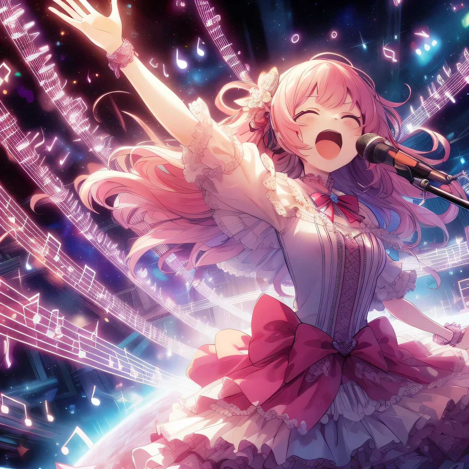 A woman in a dress is singing into a microphone in front of a crowd, Nightcore, Idol anime with singing voices like Macross Frontier、Full body jump、Scattered♪、smile、Music Note Effects、The impact of singing、Space Background、A resounding voice!、Optical radiation effect afterimage、Anime Art Wallpapers 8K, Ultra HD Anime Wallpaper, Best Anime 4K Konachan Wallpaper, Anime Style 4k, anime art wallpaper 4k, anime art wallpaper 4k, Hololive, Anime Moe Art Style, anime wallpaper 4k, anime wallpaper 4k