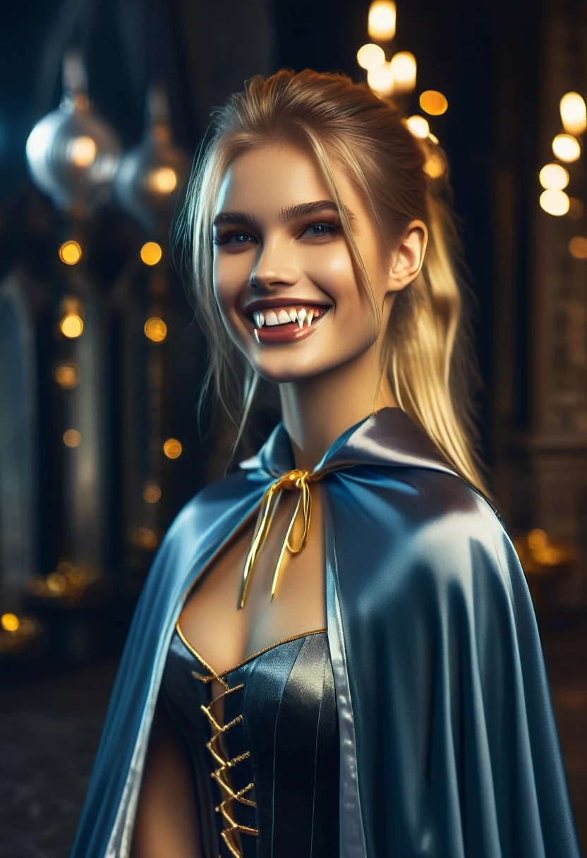 Vampyfangs1,(RAW photo) , 1girl, cute, 20 years old, long blonde hair in ponytail, smiling, look at viewer, ((((silver and gold lined satin cape tied at the neck)))+++, side spilt skirt , photo, realistic, best quality, hires, detailed face, detailed background, diffused lighting, depth of field, bokeh