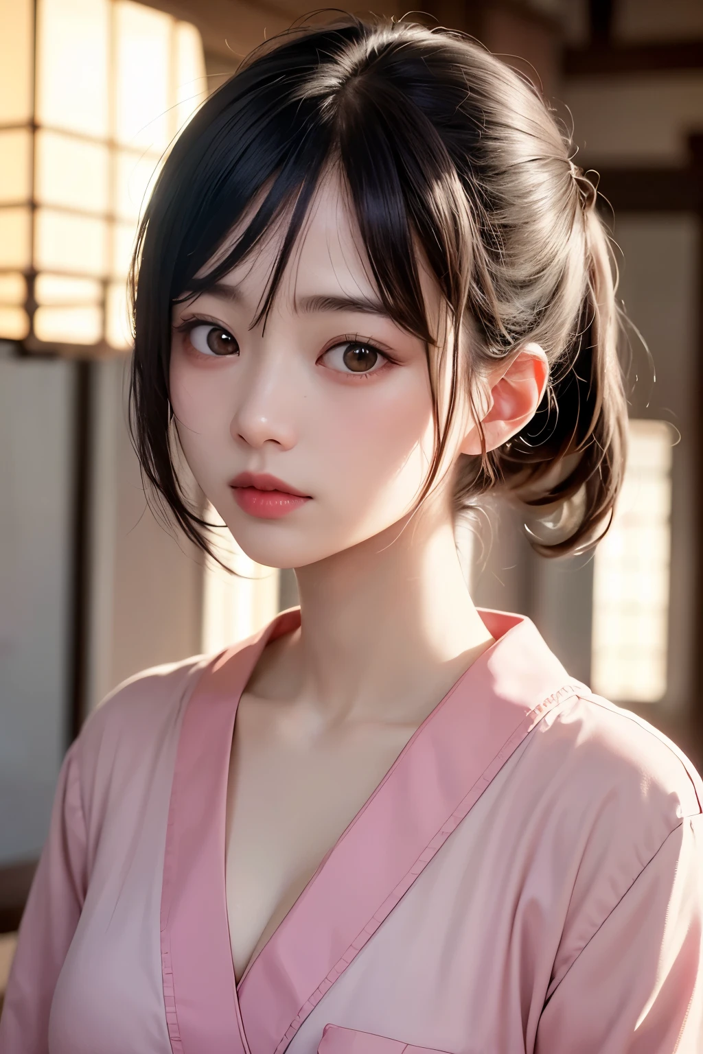 (1 nogizaka girl,raw photo,photo realistic:1.5),(best quality, high quality,HDR, highest quality,ultra high resolution,high resolution,high res,ultra high difinition,huge file size,8K,2K wallpaper,8K wallpaper,high quality texture,amazing,an extremely delicate:1.4),one girl, Japanese famous idol,beautiful face,small face,absurd,ridiculous,incredibly ridiculous,portrait,breasts close up,blurry background,(pink nurse uniform,cleavage,no makeup:1.2),medium skin,beautiful skin,detailed skin,small head,black hair,silky hair,(Japanese eyes:1.3),detailed eyes,black eyes,Japanese idol eyes,Japanese nose,5-fingers,(Light Particles, Lens Flare, Luminous Particles: 0.7),looking at viewer,bright lighting,professional lighting,girl