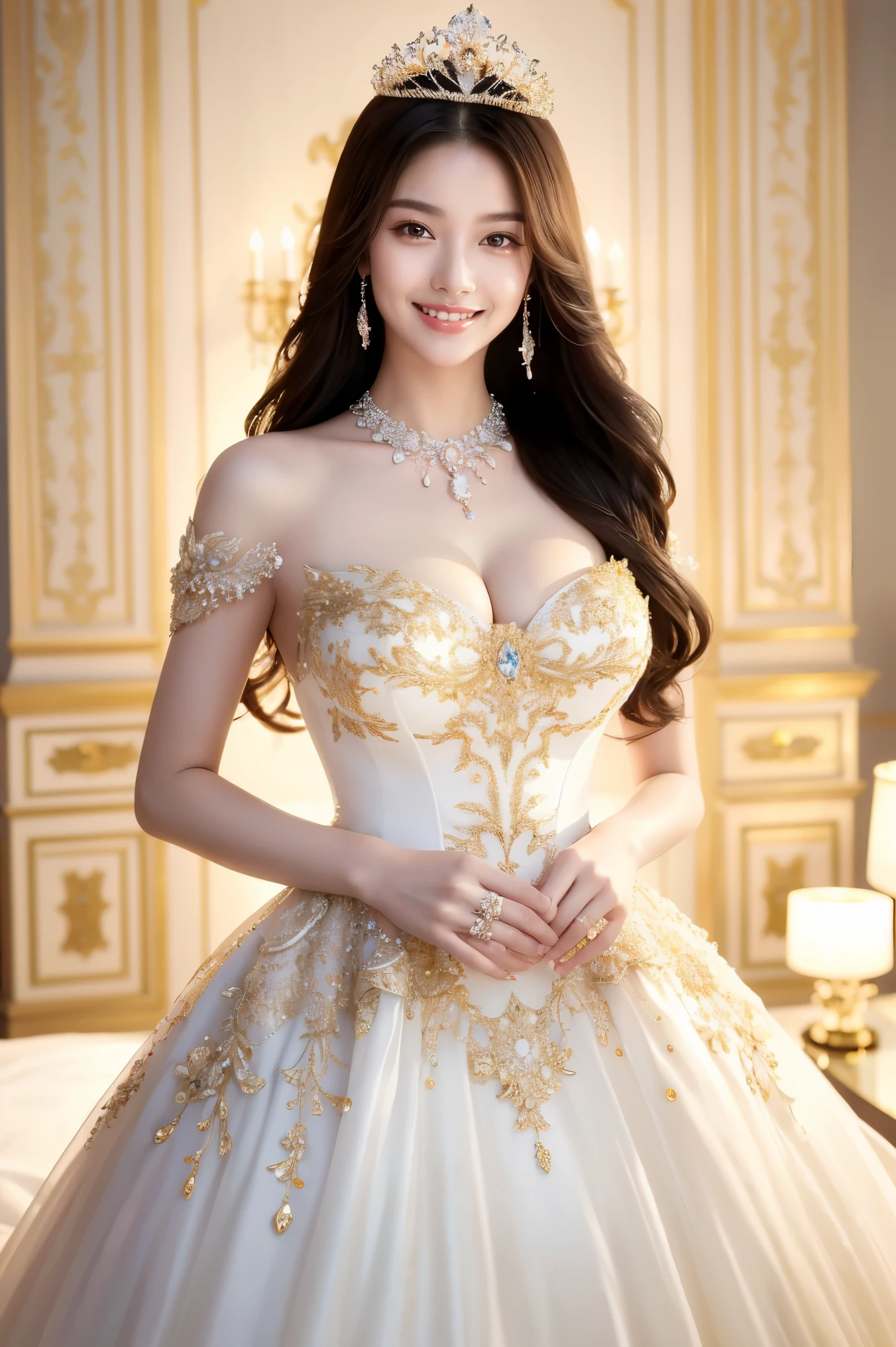 (highest quality、masterpiece、8k、Best image quality、Hyperrealism、Award-winning works)、One Princess、The most extravagant and luxurious giant tiara、The most luxurious and luxurious giant necklace、The most extravagant and luxurious giant jewellery、The most luxurious and luxurious princess dress、A luxurious dress adorned with jewels、The most luxurious and luxurious Princess Room、The most luxurious interior in white and gold、Gorgeous crystal chandelier、Gorgeous embroidery、Gorgeous decorative furniture、Gorgeous walls with the most extravagant decorations、Gorgeous walls with majestic and luxurious decorations、Perfectly organized and gorgeous furniture、Accurate anatomy、The biggest smile looking at me、Voluptuous body、Beautiful Teeth、Ultra HD glossy skin、Ultra-high definition bright and beautiful skin、Ultra-high definition glossy lips、standing elegantly
