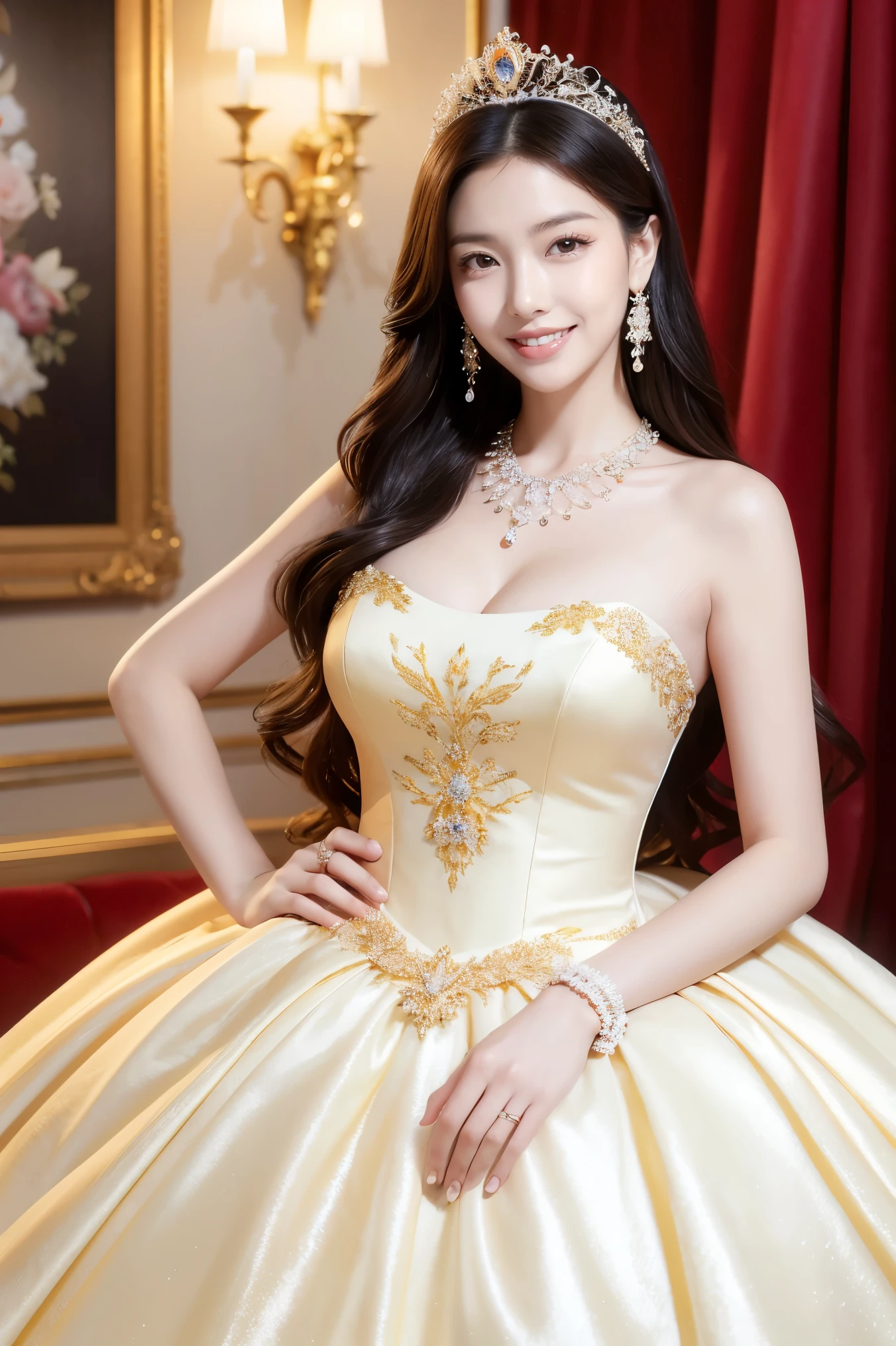 (highest quality、masterpiece、8k、Best image quality、Hyperrealism、Award-winning works)、One Princess、The most extravagant and luxurious giant tiara、The most luxurious and luxurious giant necklace、The most extravagant and luxurious giant jewellery、The most luxurious and luxurious princess dress、A luxurious dress adorned with jewels、The most luxurious and luxurious Princess Room、The most luxurious interior in white and gold、Gorgeous crystal chandelier、Gorgeous embroidery、Gorgeous decorative furniture、Gorgeous walls with the most extravagant decorations、Gorgeous walls with majestic and luxurious decorations、Perfectly organized and gorgeous furniture、Accurate anatomy、The biggest smile looking at me、Voluptuous body、Beautiful Teeth、Ultra HD glossy skin、Ultra-high definition bright and beautiful skin、Ultra-high definition glossy lips、standing elegantly