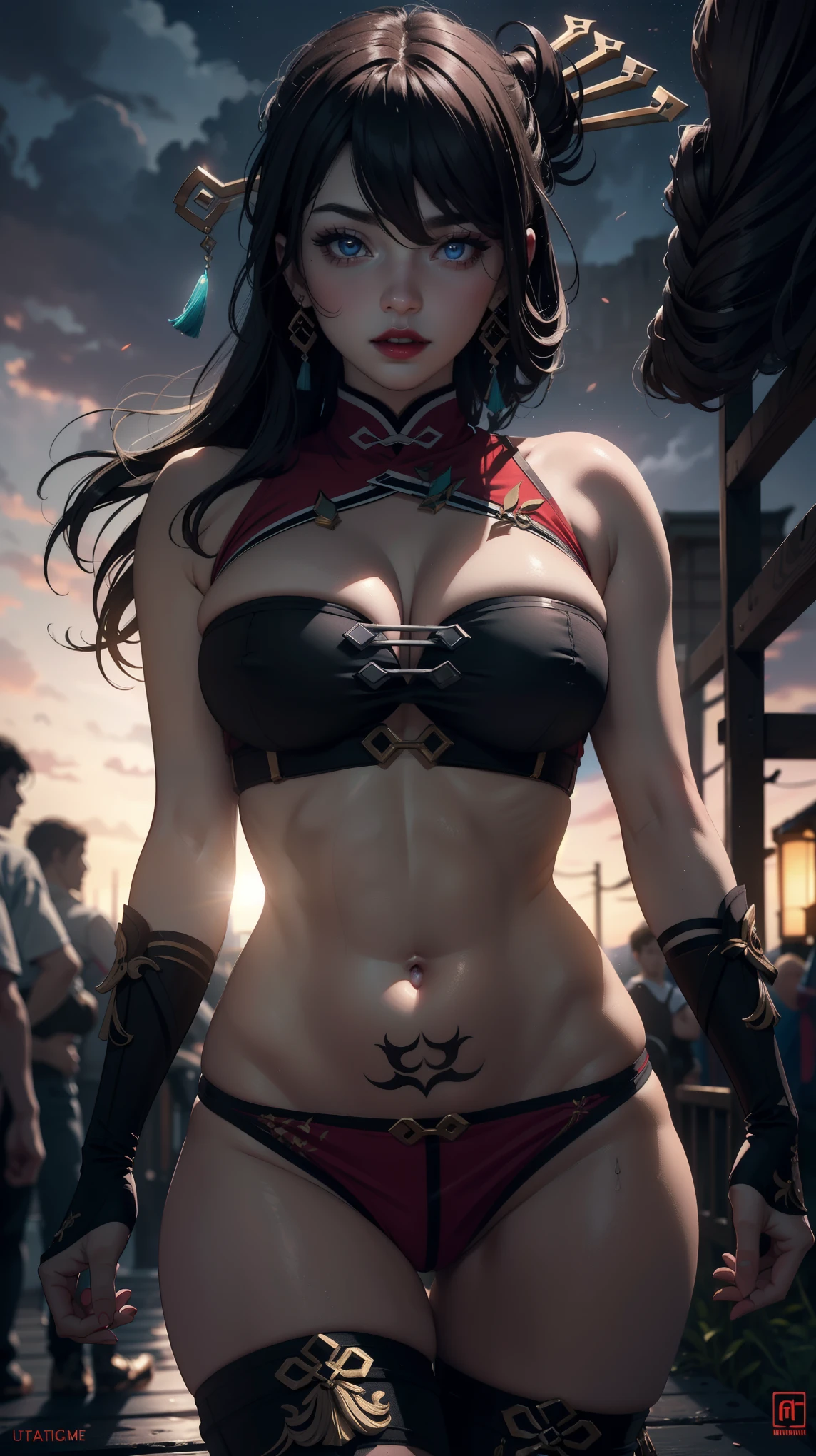 ((masterpiece)),(bestquality),((ultra-detailed)), ((beautiful detailed sky)), ((cinematic lighting)), depth of field, (dynamic angle),detailed lighting,(beautiful detailed eyes),outdoors, crowds, red lip, navel, pubic tattoo, eyeshadow,large breast, sexy, cleavage, beidoudef