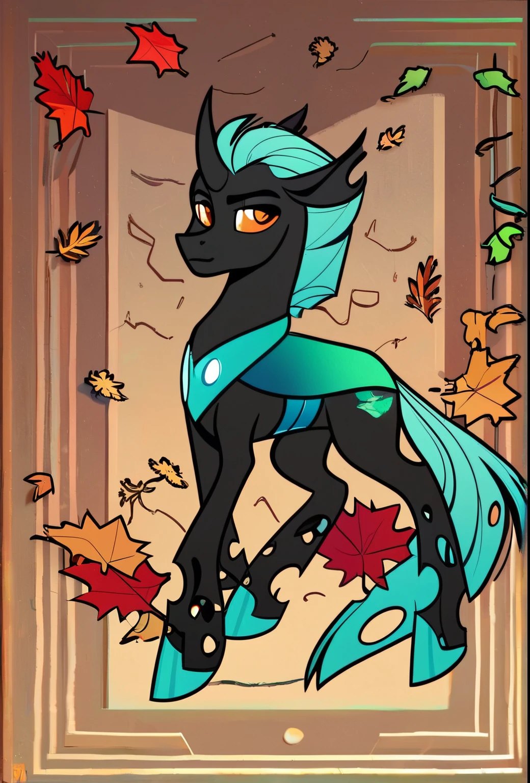 check_9, check_8_up, check_7_up, check_6_up, check_5_up, check_4_up, show exact,Gender: Male, pony-Changeling guard, turquoise, leaves, beetles, turquoise colored mane, black coat color, orange eyes, No cutie mark,dark fantasy aesthetics, one full length