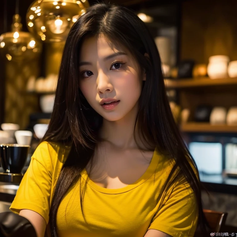 frontal photo Looking straight into the camera,8k quality,, Close up of 25 year old Asian woman, very beautiful, 38 inch breasts.,) Long, flowing hair,) Wear a dark yellow t-shirt., Inside a luxury coffee shop, Taken with a high quality camera 45,000,000 pixels, realistic light colors,