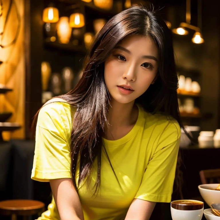 frontal photo Looking straight into the camera,8k quality,, Close up of 25 year old Asian woman, very beautiful, 38 inch breasts.,) Long, flowing hair,) Wear a dark yellow t-shirt., Inside a luxury coffee shop,  Taken with a high quality camera 45,000,000 pixels, realistic light colors, 