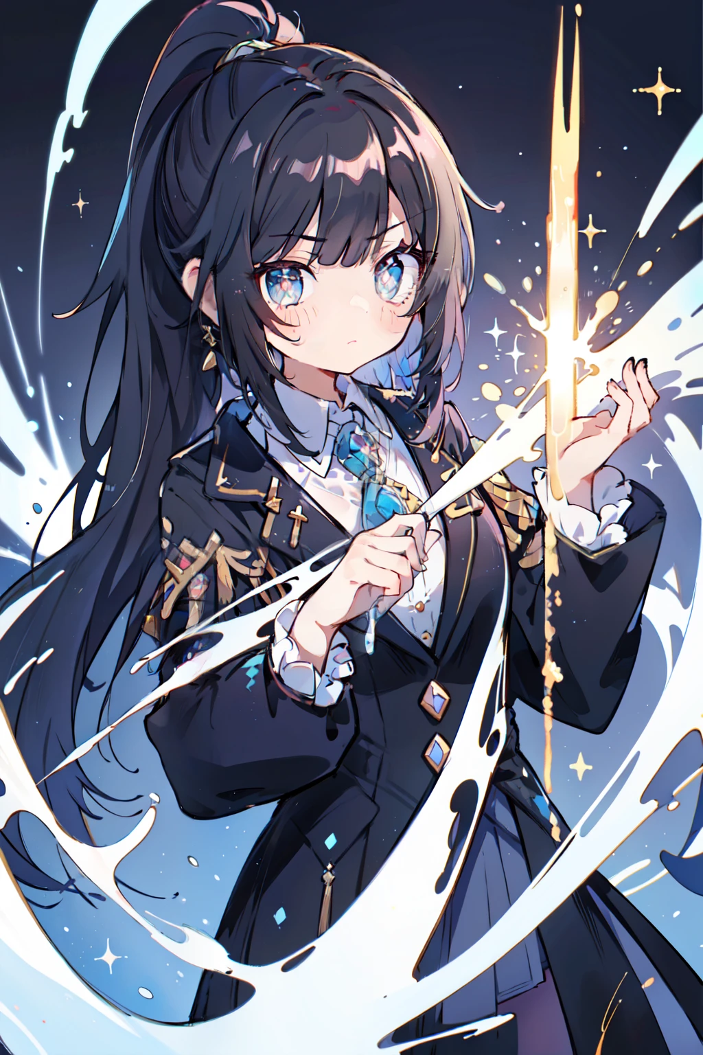 Master piece, highest quality, 8K resolution, sharp focus, detailed, beautiful girl, sparkling eyes, golden ratio face, otherworldly liquid, watercolor painting, ((pastel colors)), bright colors, colorful, sharp focus, high resolution, fine details, , ((sharp eyes)), light blue aura, Ponytail, serious expression, sharp eyes, like a teacher, background is white.