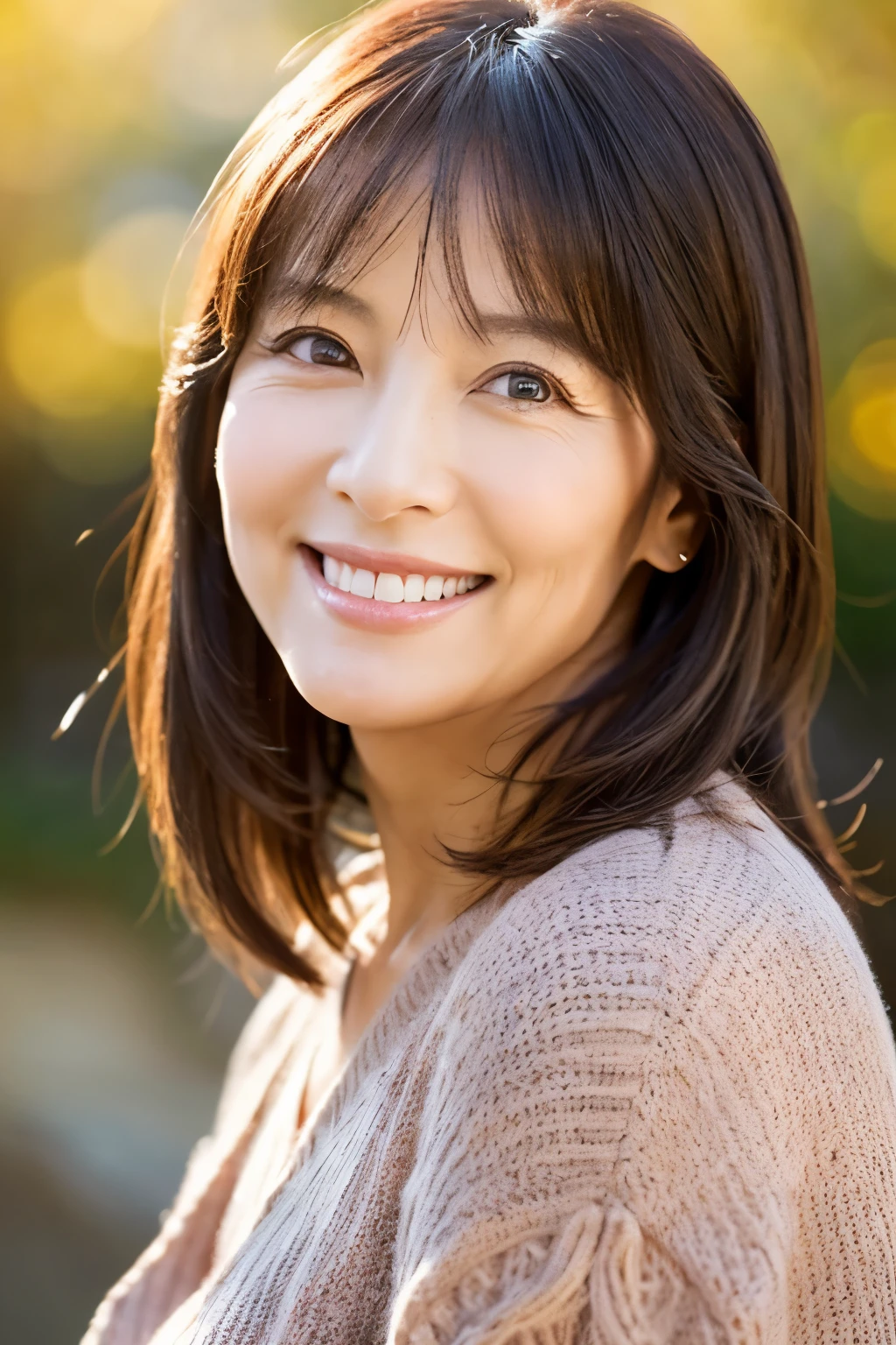 47 years old、smile、beautiful、Adult Elegance、Shining eyes、stare、