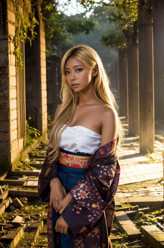 gyaru, dark-skinned, shiny oiled skin, blond hair, wearing japanese kimono,  in the ruins, deep fog, at sunset