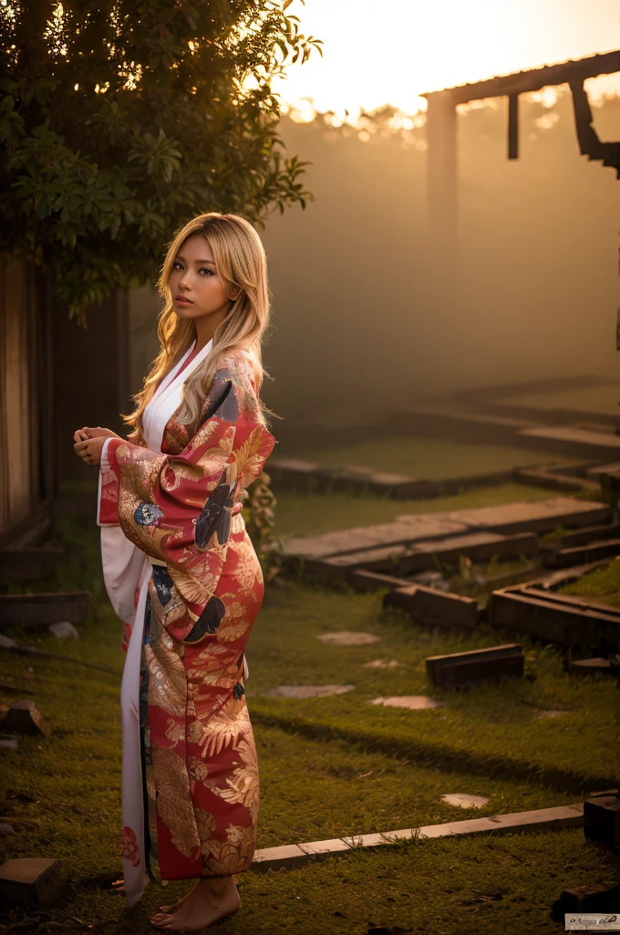 gyaru, dark-skinned, shiny oiled skin, blond hair, wearing japanese kimono, in the ruins, deep fog, at sunset