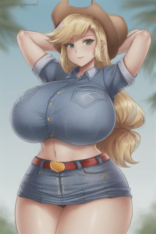 1girl, MLPAPPLEJACK, LOW-TIED LONG HAIR, COWBOY HAT, red bra, DENIM SKIRT, BELT, gigantic breasts, (wide hips), arms behind head