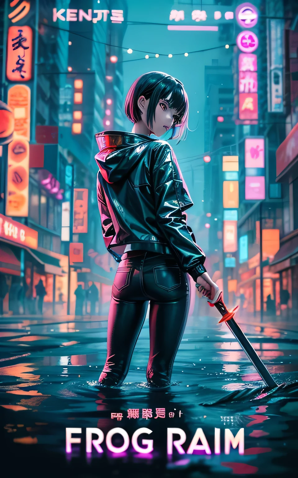 The Realistic photos, Movie Posters, The title of the film is:"frog" written in small letters:"Black rain," Reflecting the sexy Tokyo flood city, A girl with short hair is wearing modern boyish clothes.., White T-shirt with light cybernetic detailing and black skinny jeans, Transparent rain jacket, She has a long sword, Cool pose, Realistic photos, Beautiful visualization of reflective water surface, Pink and orange neon signs flashing、::"frog", 8k, wallpaper, (can't believe it_Absurd,Huge_file size:1.37),(masterpiece:1.37),(highest quality:1.37),(Realistic,ФотоRealistic:1.2),Ray Tracing,Realistic lighting,(illumination,Shine),((Film Grain:1.37)),(Exquisite detail and texture:1.2),(Resolution 8k:1.2),(Super detailed:1.2),(Sharp Focus 1.2),(Raw photo:1.0),(Beautiful facial details、Beautiful eye details、 Shine eyes、Long eyelashes、Red Nose:1.2)、((((Ideal anatomy))))、whole body, Lesbian、Mode、One Girl、alone、beautiful girl、upper class、(thin:1.37)、(Cute Face)、(Natural skin glow:1)、(Genuine, beautiful leather with attention to detail、Detailed skin texture、Detailed black hair、Neat hairstyle)、Facial Light、(Cinematic Light)
