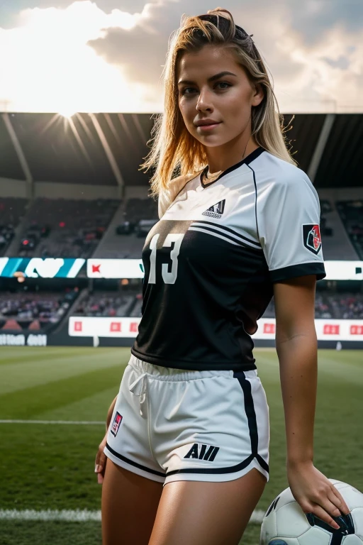 23 year old german blond sexy woman named Emma, in the evening, sun rays, wearing the German national soccer team uniform. She is wearing the classic white jersey , featuring the German national team logo on the chest, and black shorts with white stripes on the sides. She is also wearing white socks with black stripes and black soccer cleats. The background should show a soccer field with a stadium filled with cheering fans, capturing the excitement of a match. The perspective should be dynamic, as if the player is in the middle of a game, ready to make a decisive move., sun through tree leaves, good mood time, tired but happy facial expression, morning mist over the town, comfortable relaxed attitude, (background Allianz Arena in Munich), (holding a scoreboard over her head)
