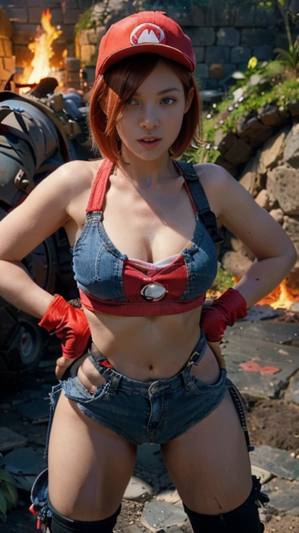 A captivating woman with short, fiery red hair, dressed in a chic Mario costume. She wears a red cap with an 'M' logo, a red crop top, blue overalls with one strap down, white gloves, and red combat boots. She stands ready for battle, facing off against a towering Bowser, with a determined expression. The background is an epic Mario world with lava pits and dramatic lighting.