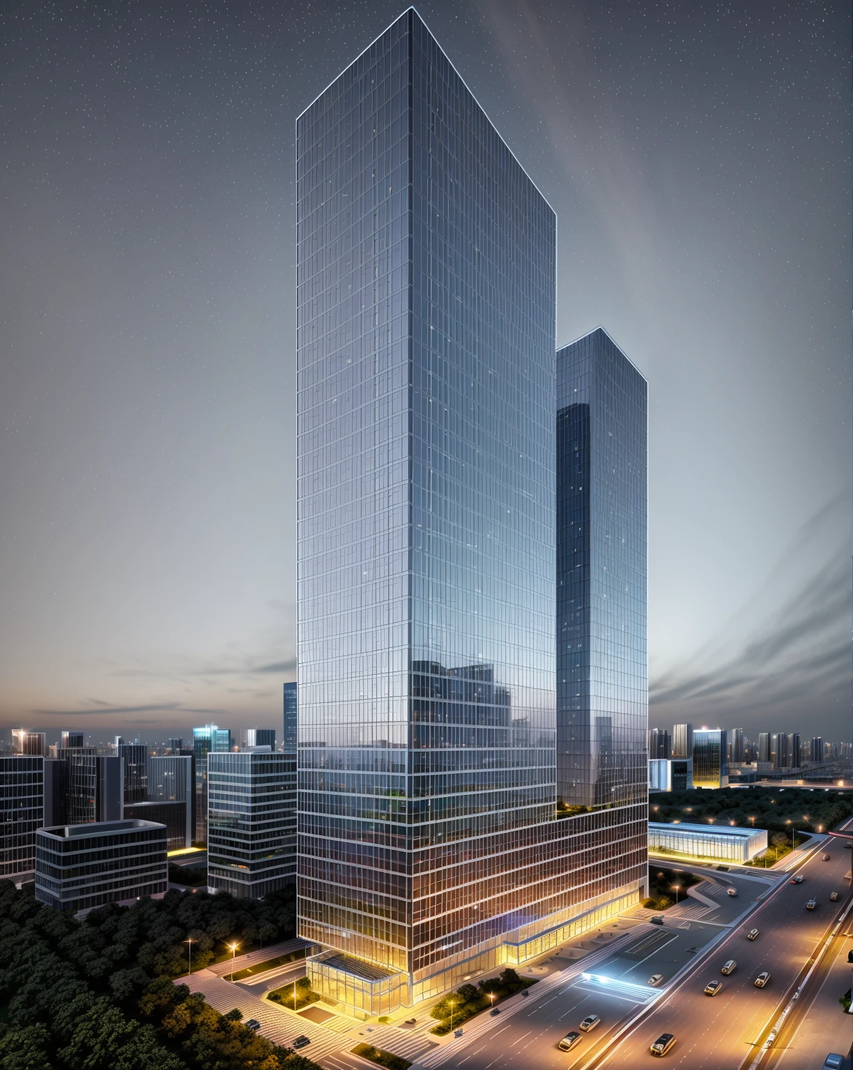 (masterpiece, best quality:1.2), rendering of a modern office building ,hotel, office building ,city landscape,    glass window, 4K, night scene, night light, night sky, ((blue light))