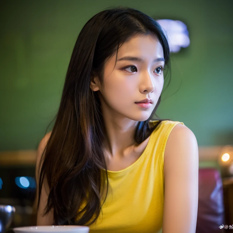 frontal photo Looking straight into the camera,8k quality,, Close up of 25 year old Asian woman, very beautiful, 38 inch breasts.,) Long, flowing hair,) Wear a thin, clear yellow t-shirt.,)  Inside a rural coffee shop,  Taken with a high quality camera 45,000,000 pixels, realistic light colors, 