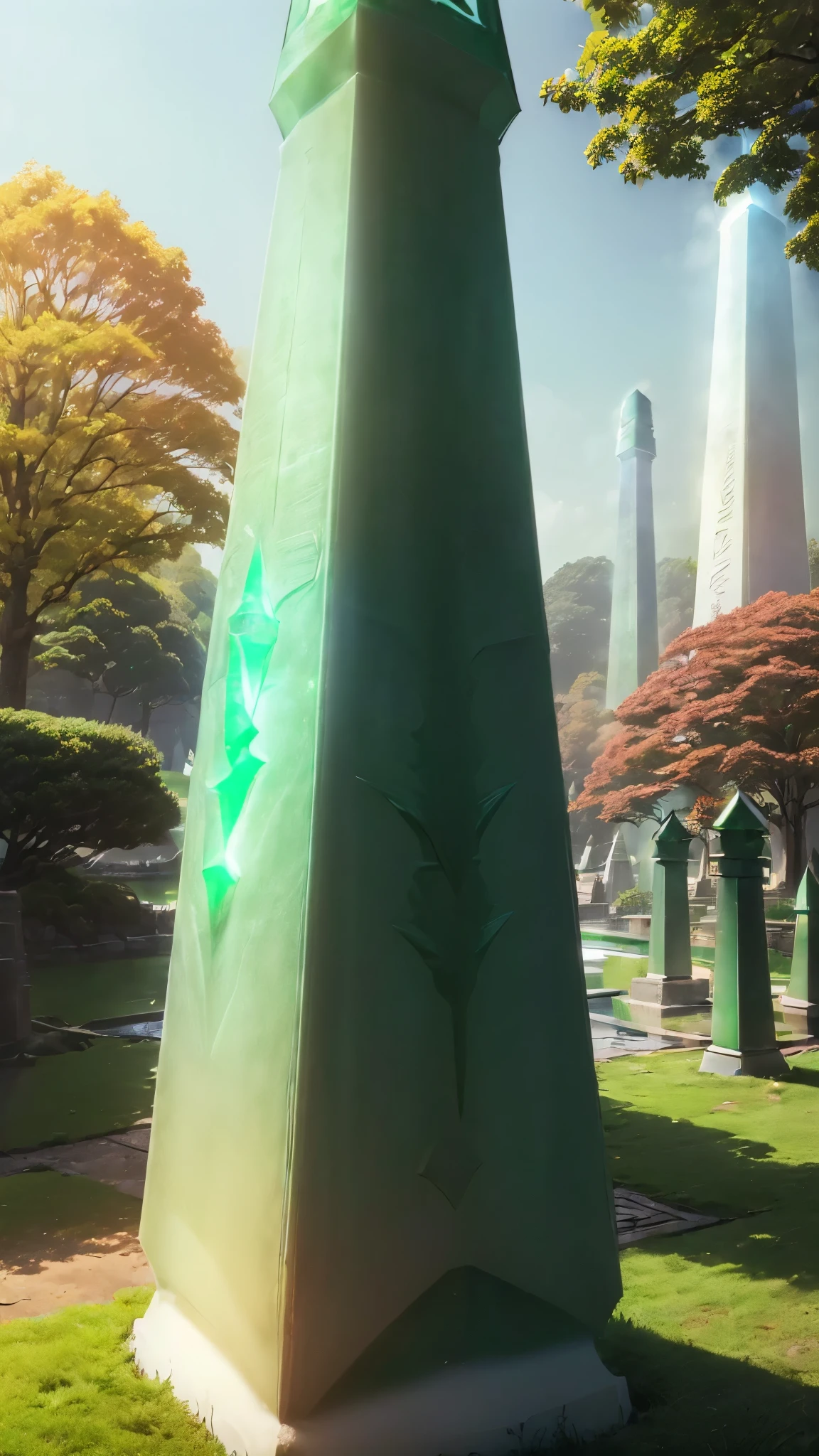 ((background only:2)),Best quality,8k、(Futuristic emerald obelisk:1.5)、(all green colored building),(Japanese garden:1.2)、afternoon、(autumn:1.2),from below