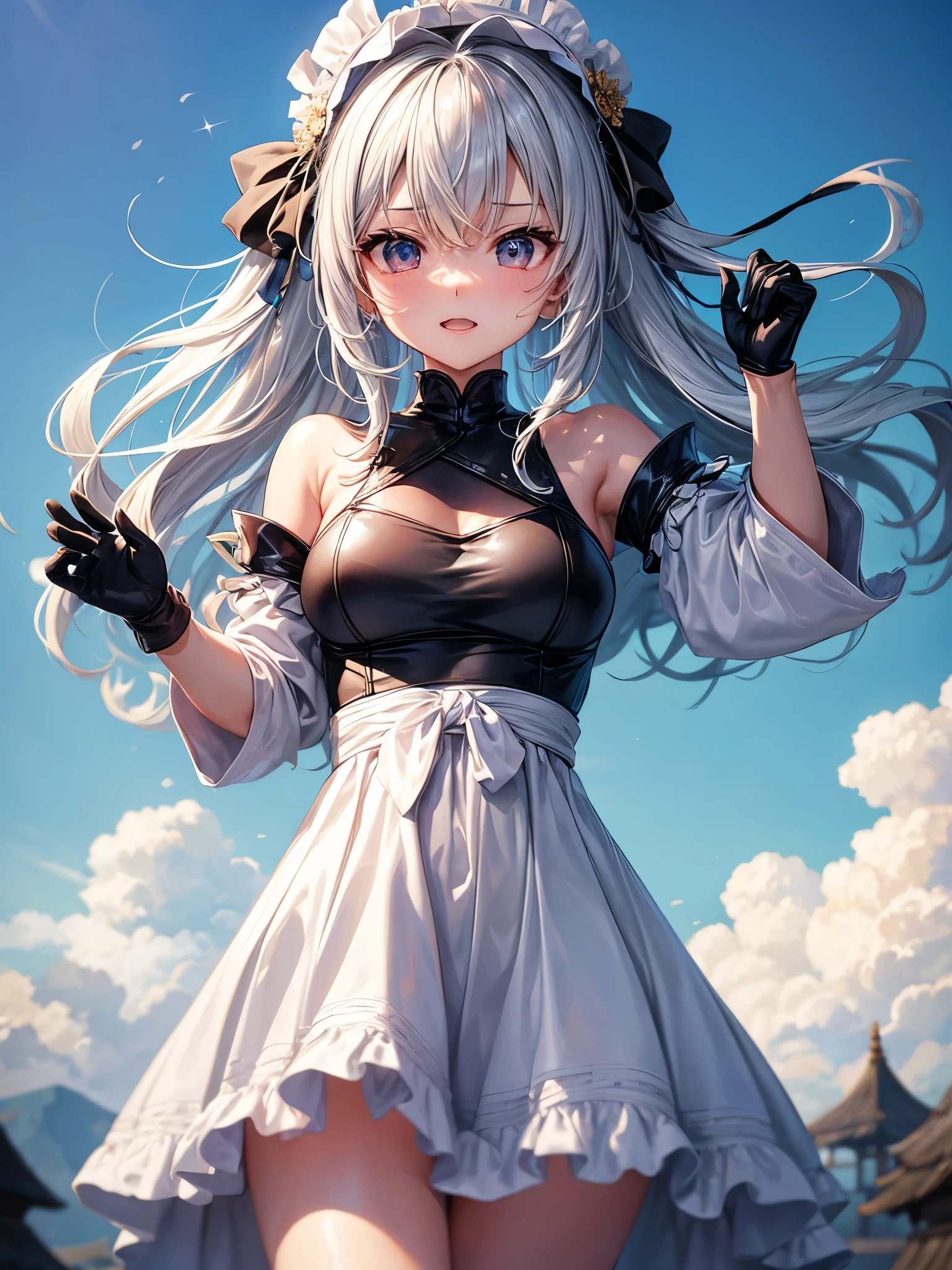 (highest quality)), ((masterpiece)), (Familiar), Perfect Face,Shiny skin,Beautiful breasts,how,Shiny skin、Sunburned skin、Sweat、Off the shoulder、Double teeth、Above the Clouds、fog、grassland、Martial Arts、Get Ready、Black gloves、Light blue clothes、High School Clotheedium Hair、Blonde Nendoroid(Chibi Character)、Silver Hair、Peeking from below、