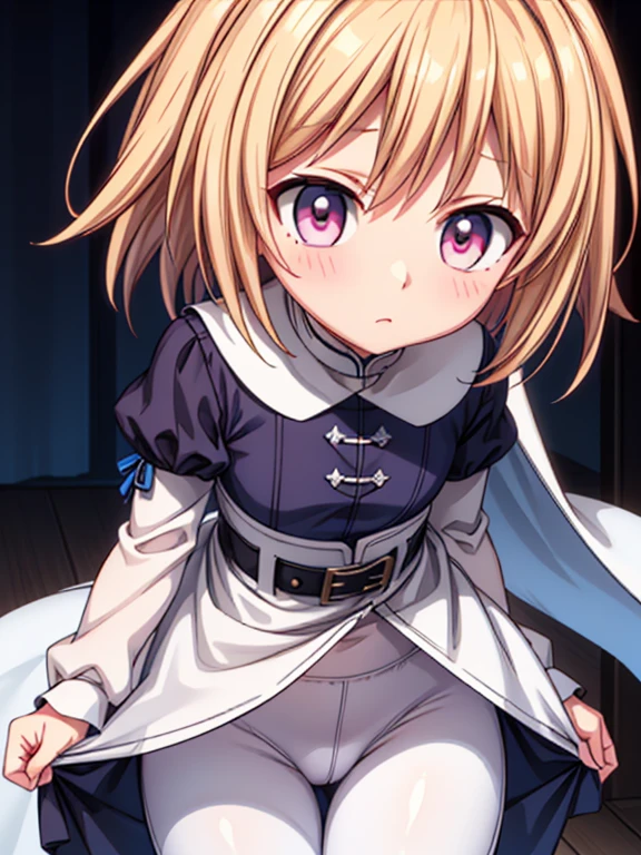 Masterpiece, high quality, high definition,Wuxia,{{{1 boy only}}}, otokonoko, adorable face, male, white skin, pink eyes, thicc thighs,(small bulge),short beautiful blonde hair,wearing a very long fantasy white nun outfit with blue pattern, dark brown pants leggings, belt, standing still, close up