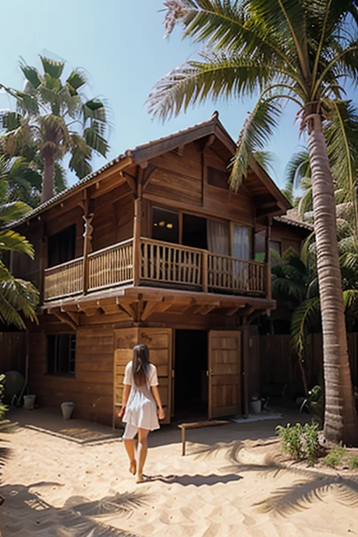 Landscape palm trees sand waterfall wooden house, girl with long flowing hair