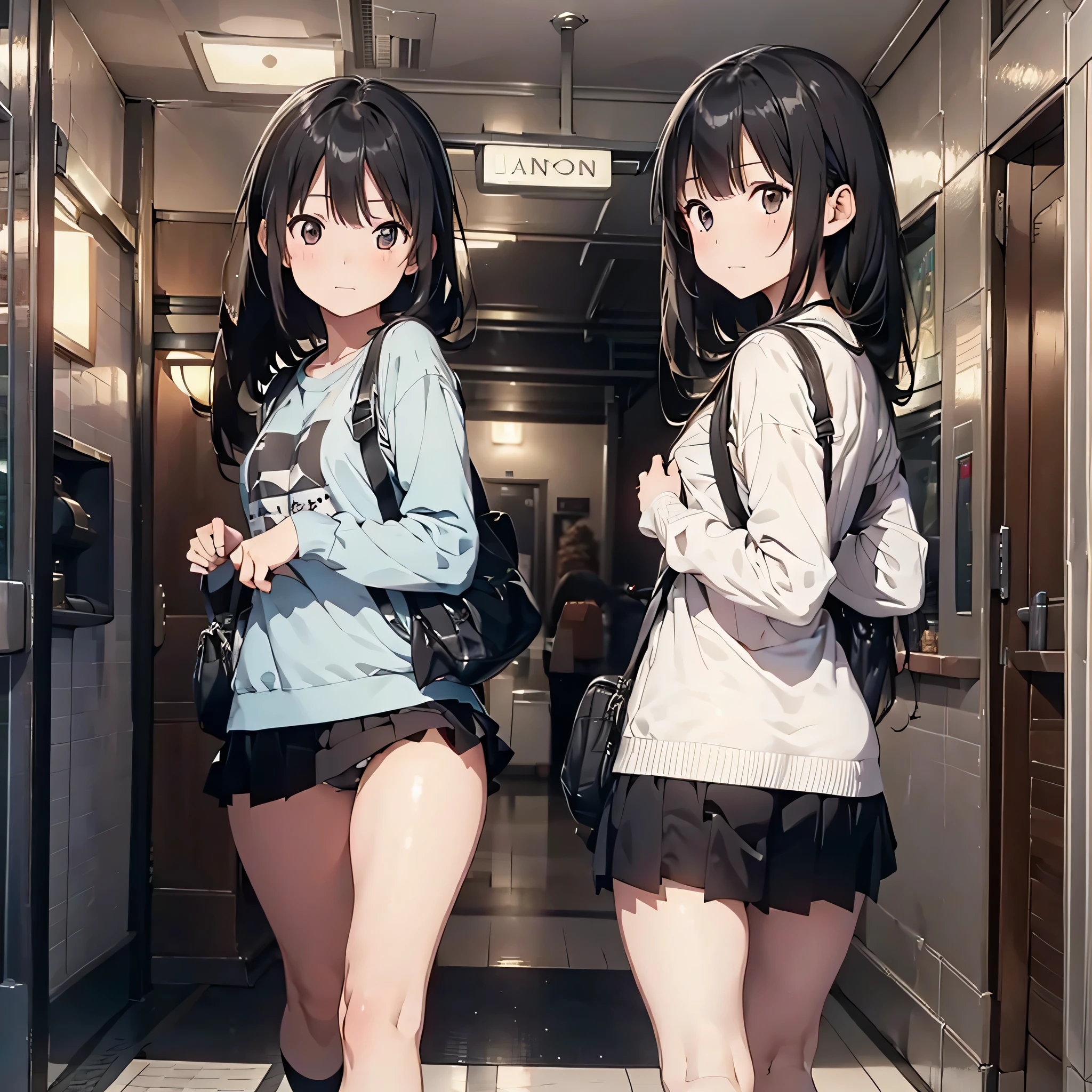 1girl, from behind, from below, black hair, looking away, race, panties, walking, long sleeves, bag, masterpiece, best quality, ultra quality, high quality, realistic, photo realistic, RAW photo, hyper detailed, intricate detailed, train staion, multiple boys, indoors, ceiling light, reflective floor, tile floor,