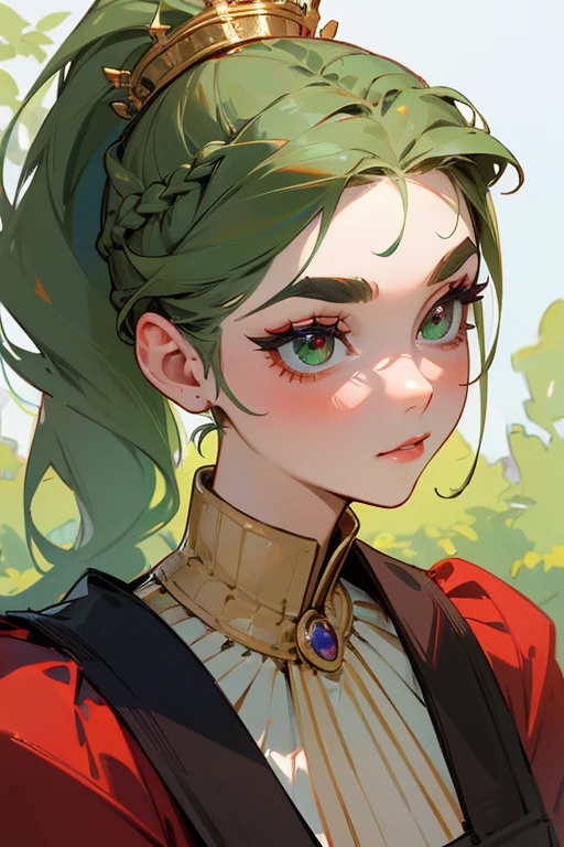 (highest quality, masterpiece:1.2), High resolution, Very detailed, Realistic:1.37, Fantasy, An illustration, Green Eyes、Queen, Red dress.Platinum decoration、beautifully、Eyeshadow Red、Thick eyebrows、Long eyelashes、pupils are black、Her hair is light green、Gold crown、Kissing Face、Embarrassing、people々々々々々Loved by、ponytail、Shoulder Bare、Surprised face、Braiding、perfection、perfectionな果物、Blueberry cake、