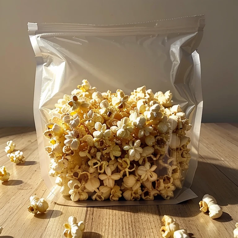 realistic yellow popcorn inside a sealable plain transparent bag without any text