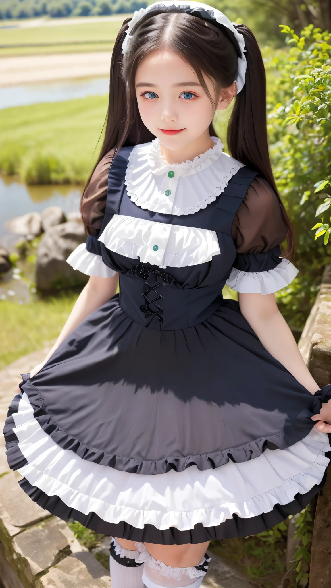 ((Real Photo Quality))、((masterpiece)), ((highest quality、Ultra high definition)), (Very detailed),8K、Photo quality、(((Amazingly cute girl))), 16-year-old girl, (Beautiful emerald blue eyes), (smile),Glossy lips、In the open-air bath overlooking the sea, Beautifully arranged black hair in twin tails、Lace fabric ribbon、whole body、((Super high-end white see-through summer gothic lolita maid costume、A super mini skirt with lots of frills))、Professional Lighting、(White lace knee-highore detailed and beautiful)、(More details and cutenesore realistic)、