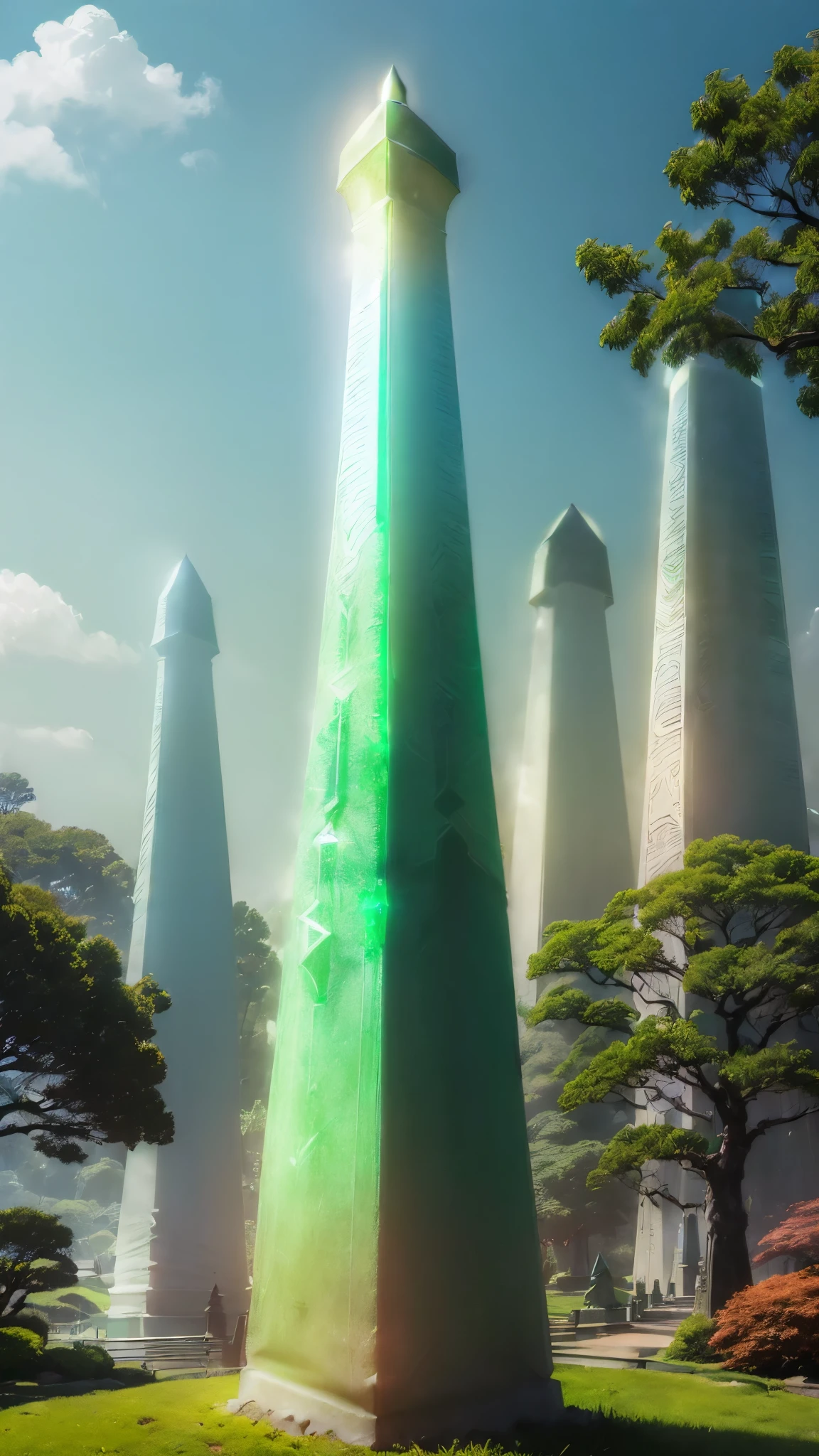 ((background only:2)),Best quality,8k、(Futuristic emerald obelisk:1.5)、(all green colored building),(Japanese garden:1.2),(autumn:1.1),from below