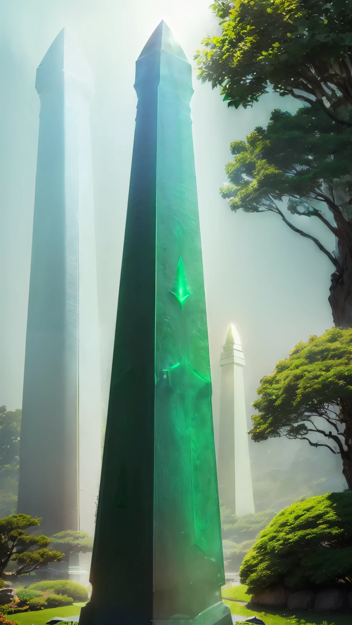 ((background only:2)),Best quality,8k、(Futuristic emerald obelisk:1.5)、(all green colored building),(Japanese garden:1.2),(autumn:1.1),from below