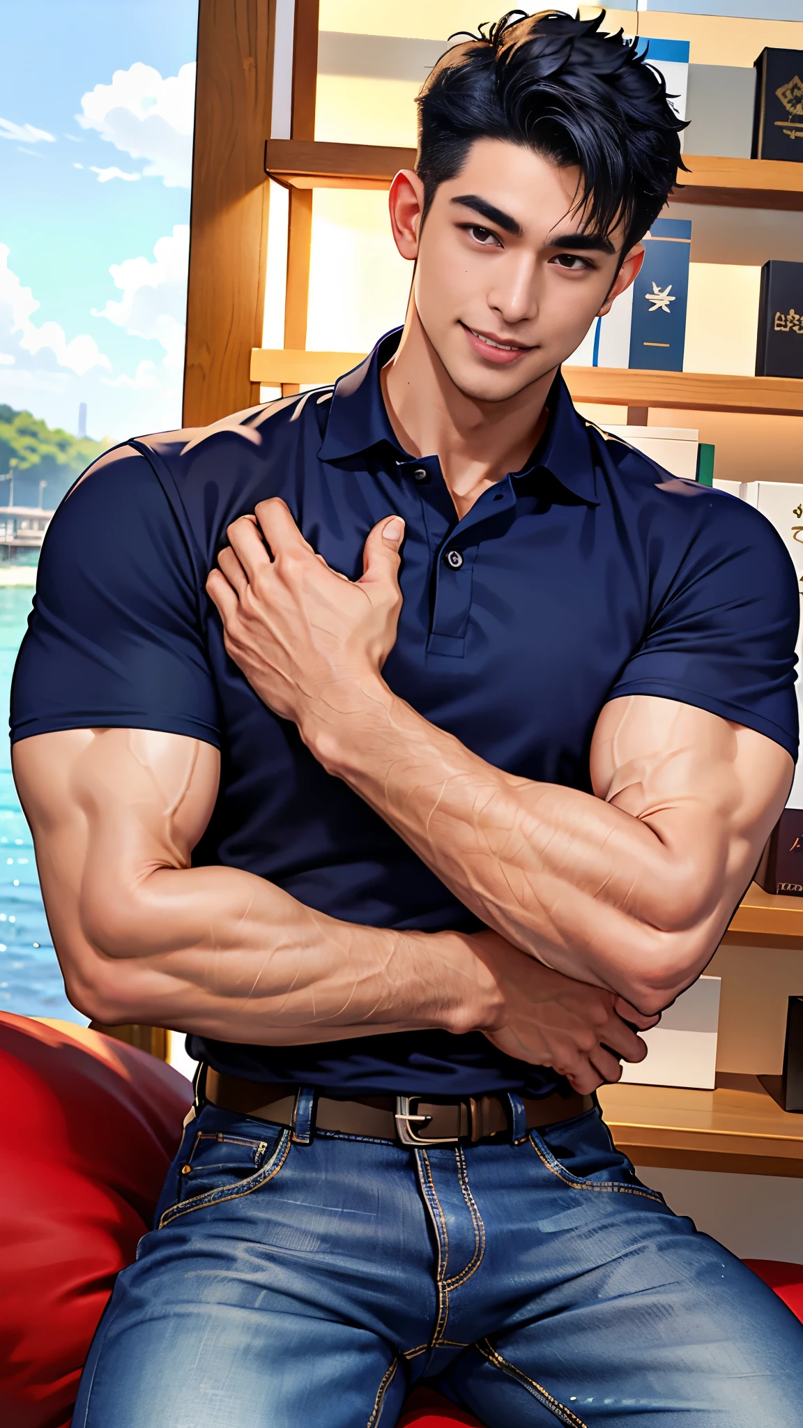 1 man, smile, (Wear a navy blue polo shirt., round neck, short sleeve ฟุตบอล shirt.), Jeans, Korean guy , korean men, (High gloss details), chest muscles, Big arm muscles, blood vessel, big muscles, Broad shoulders, looking at the audience, Balancing the eyes, (Make eye contact), (In bookstores: 1.3)