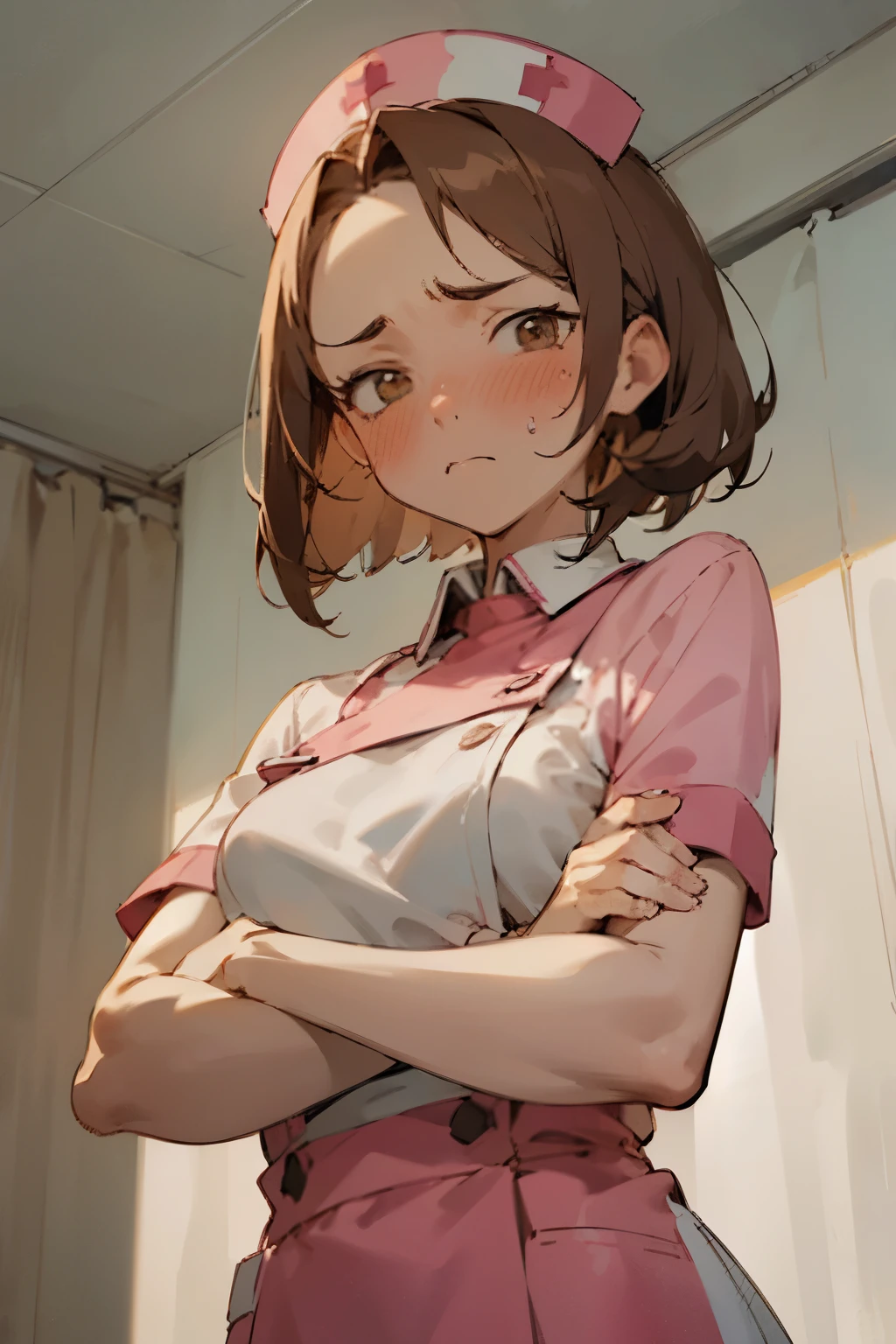 (blush:1.5), (masterpiece, best quality, detailed:1.3), light watercolor,
a girl, With eyes that look at filthy things, Frowning、bob, center part, forehead, brown hair,
she is nurse,
Hospital bed、BREAK surrounded by pink curtains (crossed arms:1.2) , from below