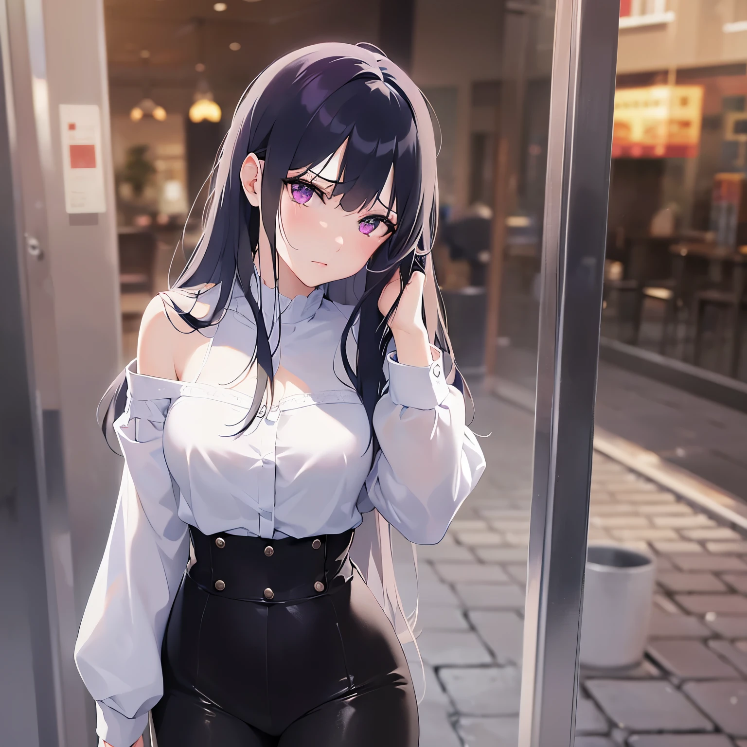 looking up, Placing hand on face, Biologically correct five fingers、upper body, Realistic, real person, (pale skin: 1.2), (RAW photo:1.5), photorealistic, shiny skin, shiny hair、(A 25-year-old woman with straight hair and bangs) and (medium hair) and (black hair) and (purple eyes), White off-shoulder blouse, (embarrassed:1.2), Bad mood, (tears:1.2), The background is the interior of a cafe、alone、Are standing