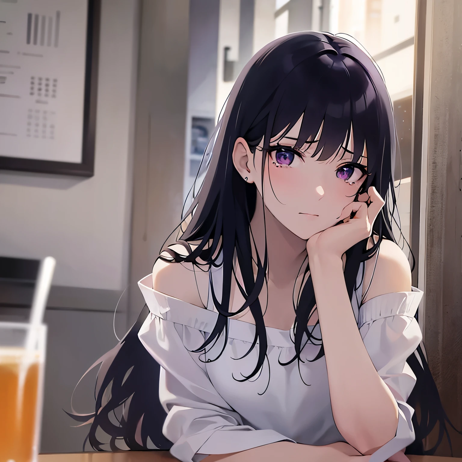 looking up, Placing hand on face, Biologically correct five fingers、upper body, Realistic, real person, (pale skin: 1.2), (RAW photo:1.5), photorealistic, shiny skin, shiny hair、(A 25-year-old woman with straight hair and bangs) and (medium hair) and (black hair) and (purple eyes), White off-shoulder blouse, (embarrassed:1.2), Bad mood, (tears:1.2), The background is the interior of a cafe、alone、Are standing