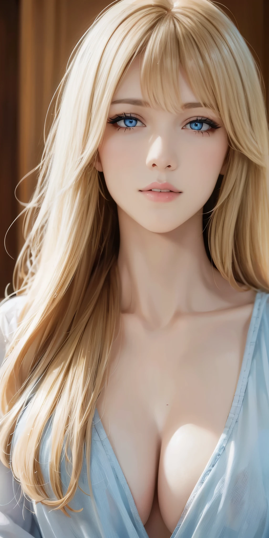 Portait, Upper body, elegant mature woman, long neck, long blonde hair, bangs, blue eyes, casual clothes, cleavage, soft light, 4k resolution, high quality, looking at viewer