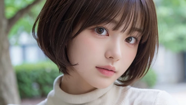(Bob Cut Hair:1.2),(Wear a turtleneck:1.2),1 girl,Japanese,21 years old,(Small breasts:1.3),(highest quality,masterpiece:1.3,超A high resolution,),(Ultra-detailed,Caustics),(Photorealistic:1.4,RAW shooting,)Ultra-Realistic Capture,Very detailed,High resolution 16K human skin close-up。 Natural skin texture、,Pores、、It needs to be detailed enough to be easily identifiable。 Skin should be even-toned and healthy looking。 Use natural light and colour, Sad expression, Looking at the camera, Perfect dynamic composition, Outdoor