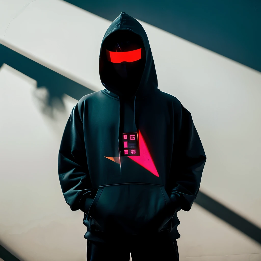 1male,cyber punk,musician,Put a hood on your head,Shadow in the eye,Wide-angle lens,Expressive,Laser Hologram,front,hoodie,Black blindfold,animation