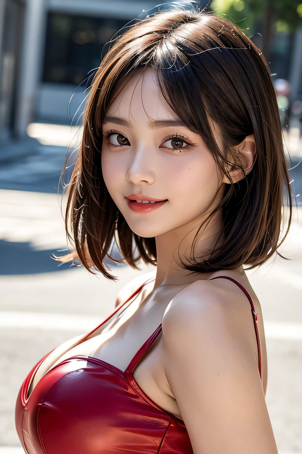 (8k, RAW Photos, highest quality, masterpiece, Realistic, Realistic), (1 female), (Ultimate beauty), Highly detailed face, (Perfect Teeth), Beautiful Eyes, double eyelid, eyelash, smile, Lip details, (Neat brunette bob), The light shines on your face, Big Breasts, ((Colorful mini dresses)), (front view), (background: none), Background blur
