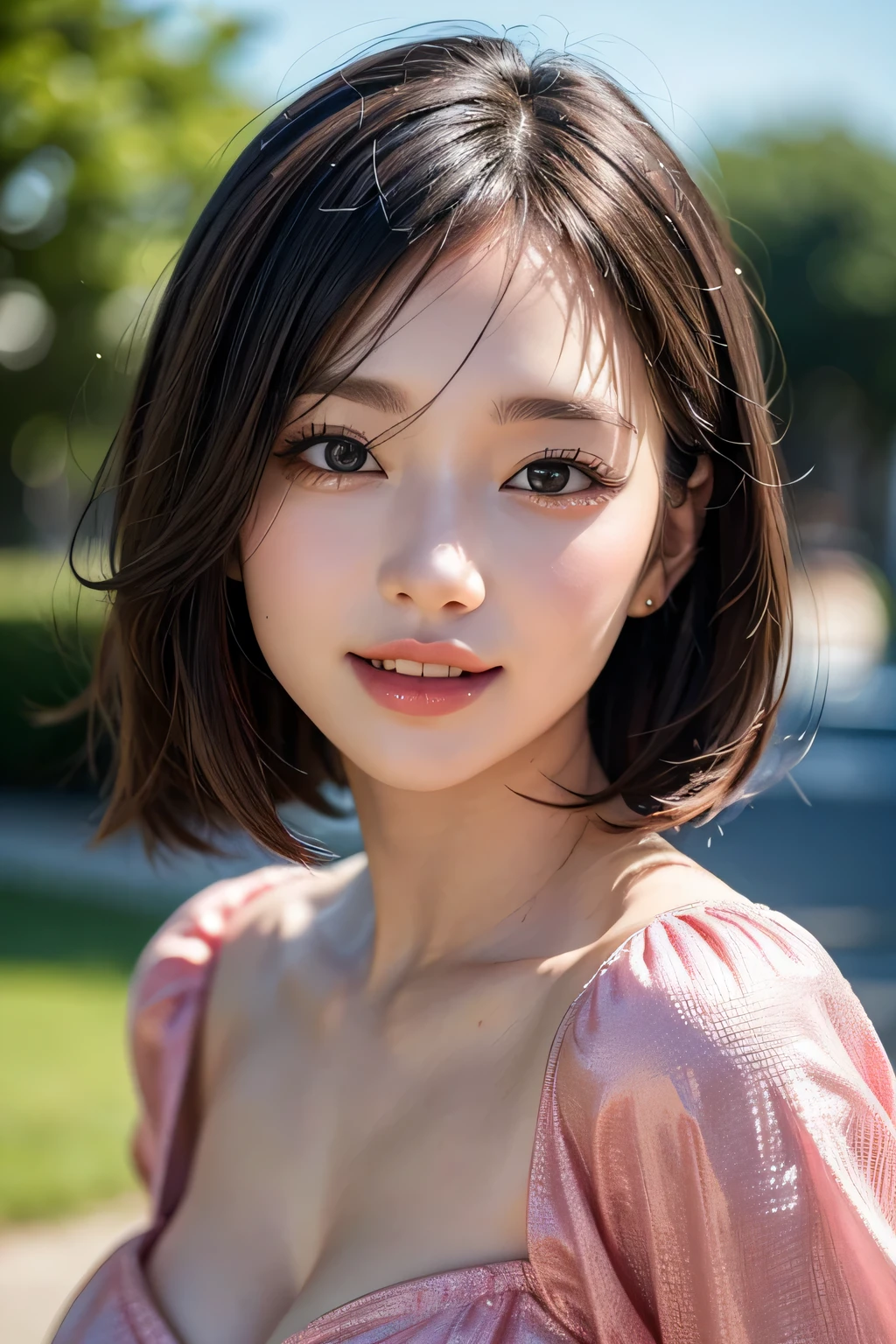 (8k, RAW Photos, highest quality, masterpiece, Realistic, Realistic), (1 female), (Ultimate beauty), Highly detailed face, (Perfect Teeth), Beautiful Eyes, double eyelid, eyelash, smile, Lip details, (Neat brunette bob), The light shines on your face, Big Breasts, ((Colorful mini dresses)), (front view), (background: none),  Background blur