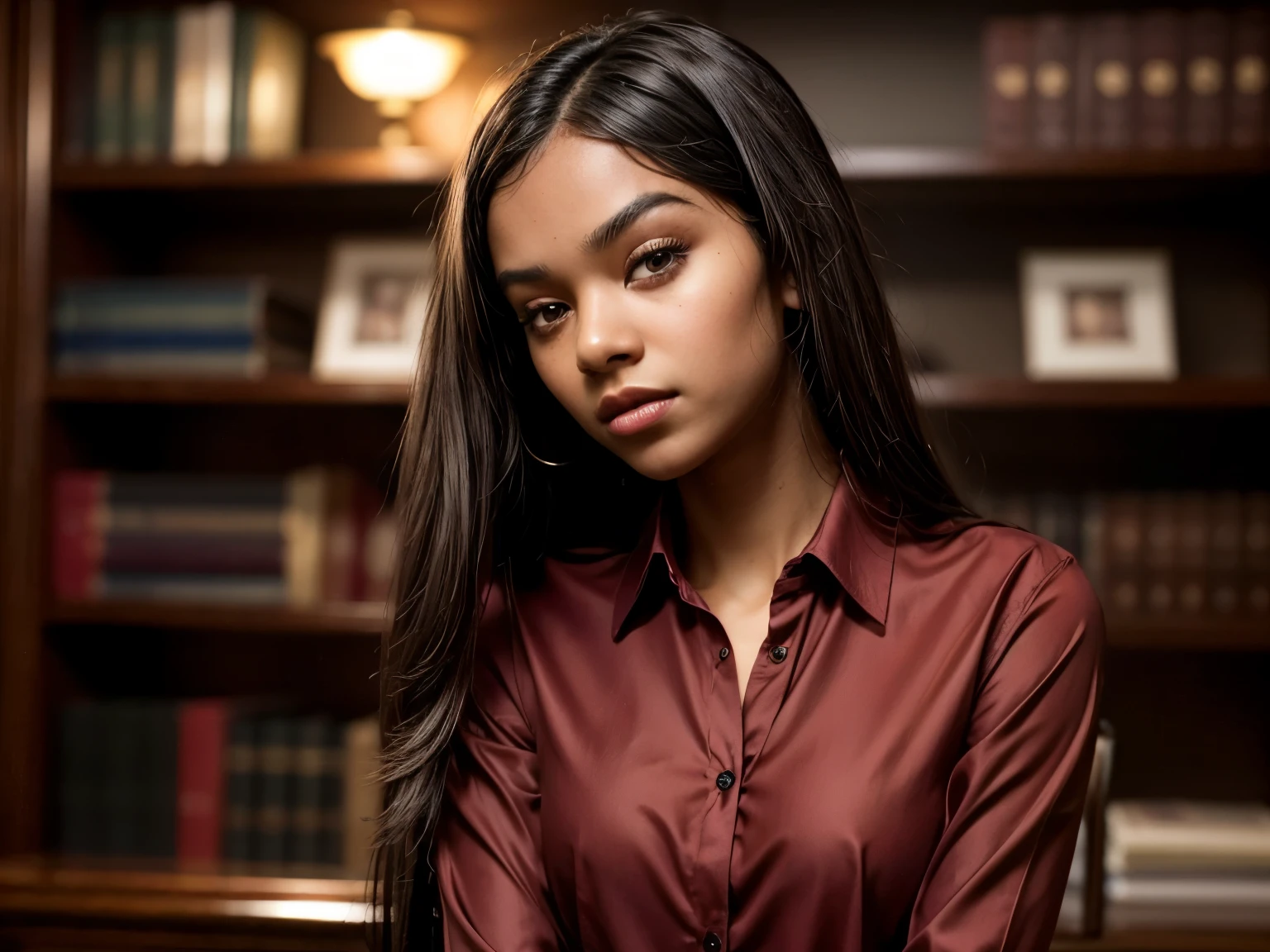 
1 person, 15-year-old black girl, long black hair, black eyes, dark complexion, dark skin, elegant appearance, slim, small breasts, red elegant shirt ((red shirt for suit: 1.2)) long black elegant pants, stylish, old historic law office, girl calmly posing for photos, calm portrait photos. ((does not squint or bend the body)) you can see the whole figure, point lighting, dark, very long hair, shallow depth of field, smooth background, looking at the viewer with superiority, seriousness, arrogance. A slight smile, the entire standing or sitting figure is visible.