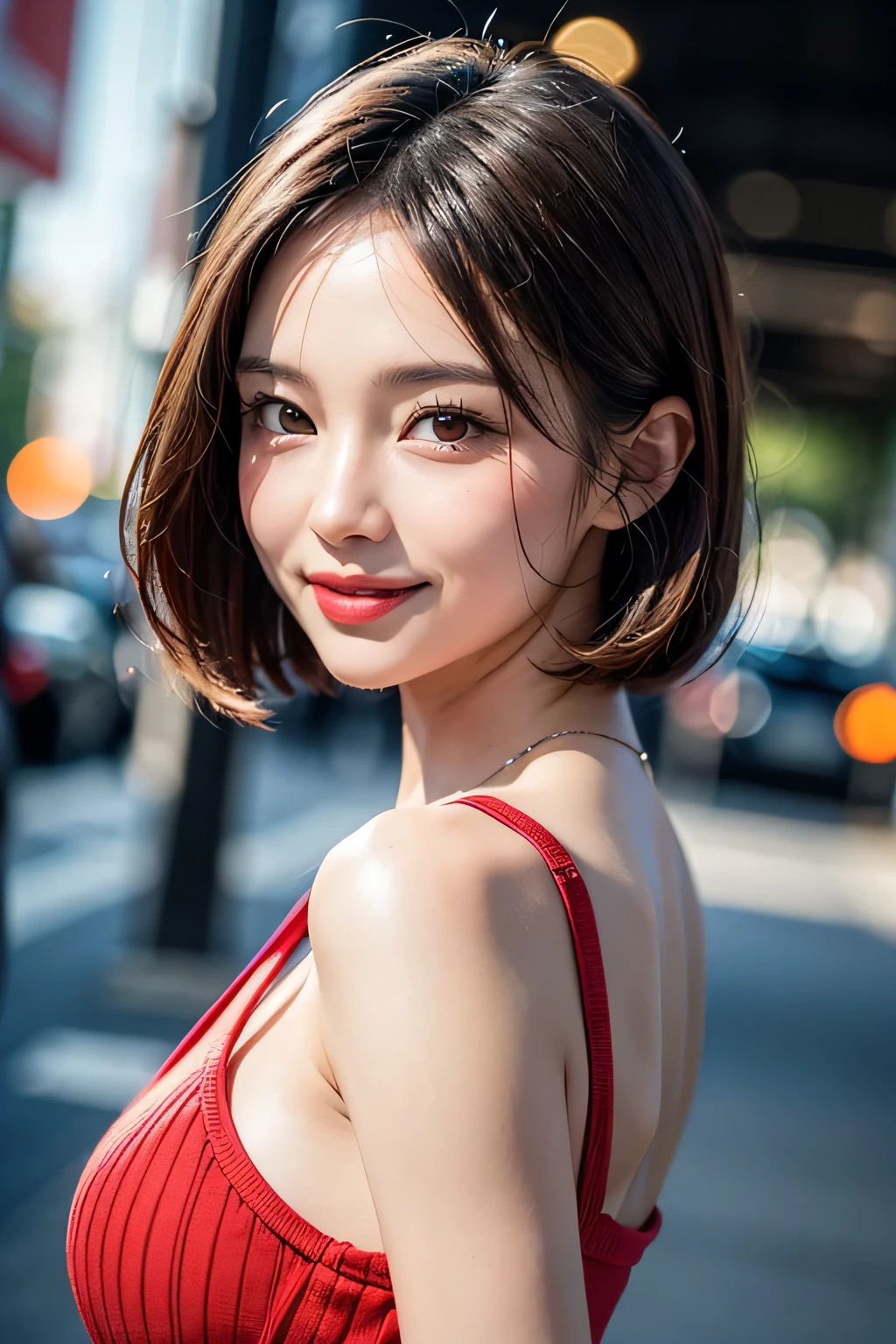 (8k, RAW Photos, highest quality, masterpiece, Realistic, Realistic), (1 female), (The ultimate beautiful middle-aged woman), Highly detailed face, (Perfect Teeth), Beautiful Eyes, double eyelid, eyelash, smile, Lip details, (Neat brunette bob), The light shines on your face, Big Breasts, ((Colorful mini dresses)), (front view), (background: none),  Background blur