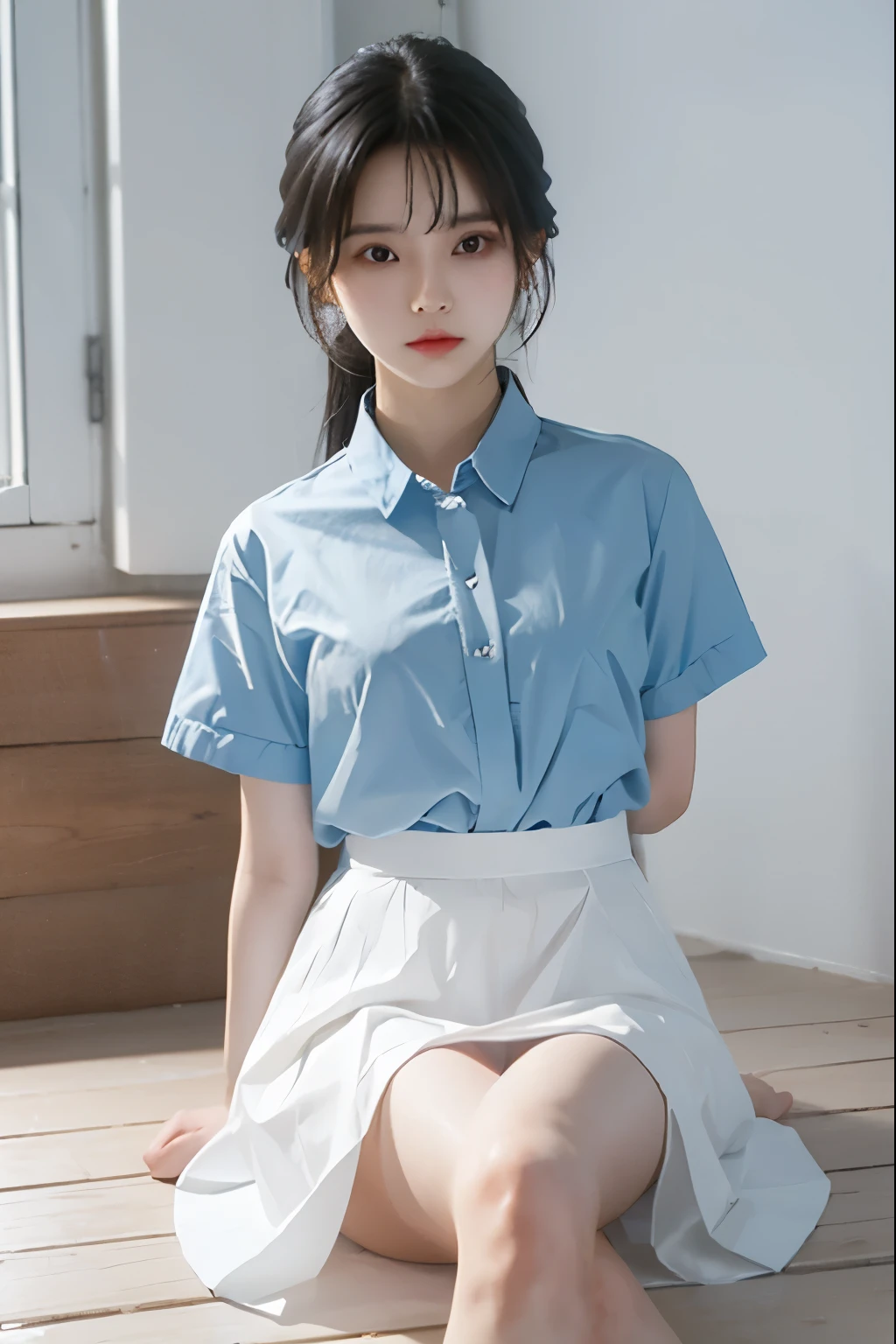 A cute girl is confined and tied up、Inside the room、White under the blue skirt、Red short sleeve shirt、Sit with your feet together and forward、Beauty、