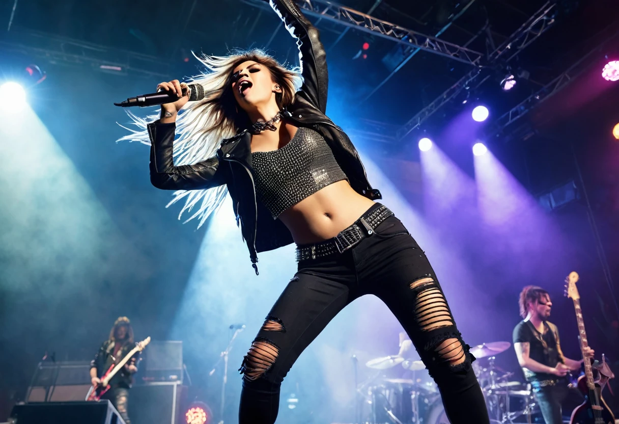 (best quality,4k,highres,ultra-detailed,realistic:1.37),vibrant colors,stunning stage lighting,a female Rock singer performing live on a stage,energetic performance,electric guitar solo,fans cheering,explosive atmosphere,dynamic movement,amazing vocal range,hair flowing in the air,fierce expression, intense emotions, Rock band members, audience enjoying the show,dramatic music,thumping bass,drum beats,smoke and stage effects,concert lights,rockstar fashion style,leather jacket,ripped jeans,metal studs,microphone stand,rocking gestures,headbanging,stage pyrotechnics,stage diving,rockstar presence,rockstar attitude,crowd surfing,high-energy performance,rockstar charisma,unforgettable concert experience,live rock music.