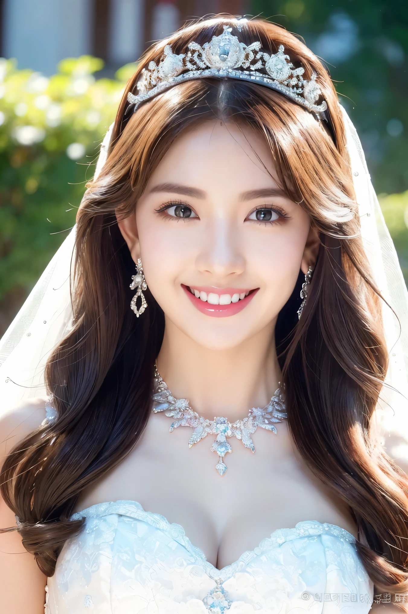 (highest quality、Tabletop、8k、Best image quality、Award-winning works)、One beautiful bride、(alone:1.1)、(The most extravagant and gorgeous huge wedding dresses:1.1)、(Perfect Wedding Lace:1.2)、(The most extravagant and luxurious giant tiara:1.1)、(The most extravagant and luxurious giant necklace:1.1)、The most beautiful smile is looking at me、A wide selection of the finest jewellery、(Bridal upper body photo:1.1)、Perfect Makeup、Long eyelashes、Ultra HD Shining Eyes、Ultra HD Hair、Ultra High Resolution Glossy Lips、Ultra High Resolution Perfect Teeth、Beautiful face in ultra-high definition、(Accurate ???????:1.1)、(Very bright and beautiful skin:1.2)、(very bright and vivid:1.2)、(Luxury wedding venue background:1.1)