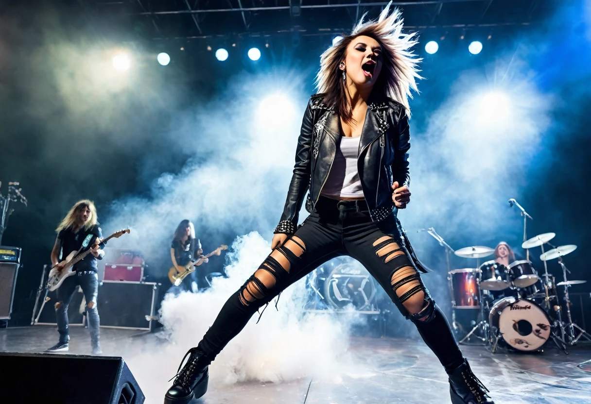 (best quality,4k,highres,ultra-detailed,realistic:1.37),vibrant colors,stunning stage lighting,a female Rock singer performing live on a stage,energetic performance,electric guitar solo,fans cheering,explosive atmosphere,dynamic movement,amazing vocal range,hair flowing in the air,fierce expression, intense emotions, Rock band members, audience enjoying the show,dramatic music,thumping bass,drum beats,smoke and stage effects,concert lights,rockstar fashion style,leather jacket,ripped jeans,metal studs,microphone stand,rocking gestures,headbanging,stage pyrotechnics,stage diving,rockstar presence,rockstar attitude,crowd surfing,high-energy performance,rockstar charisma,unforgettable concert experience,live rock music.