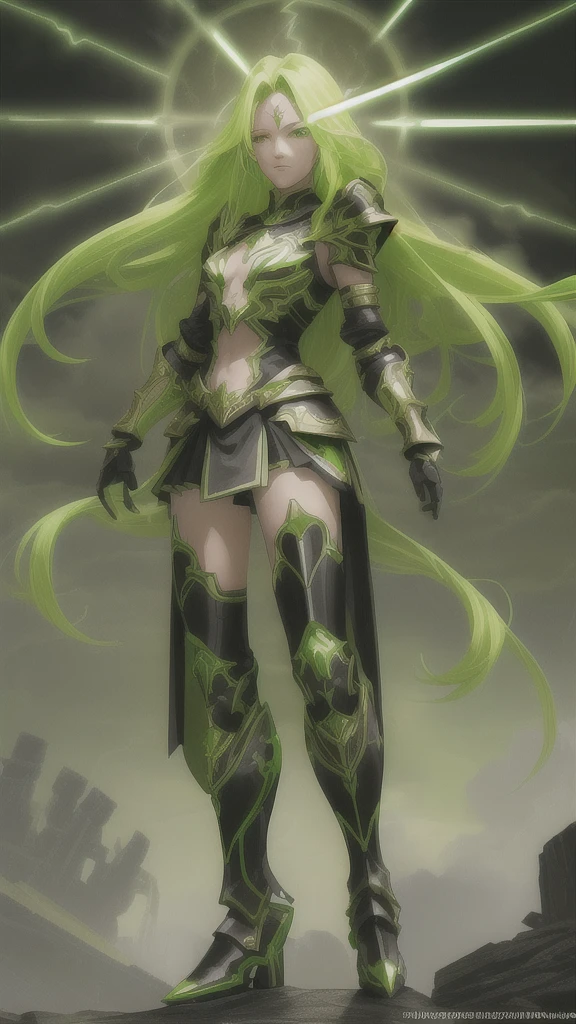 Green fluorescent long hair, Ladies golden forehead protector, Black fluorescent armor, Chest, cleveage, armour, skirt, iron boots, Broadsword, whole body, Clouds and lightning