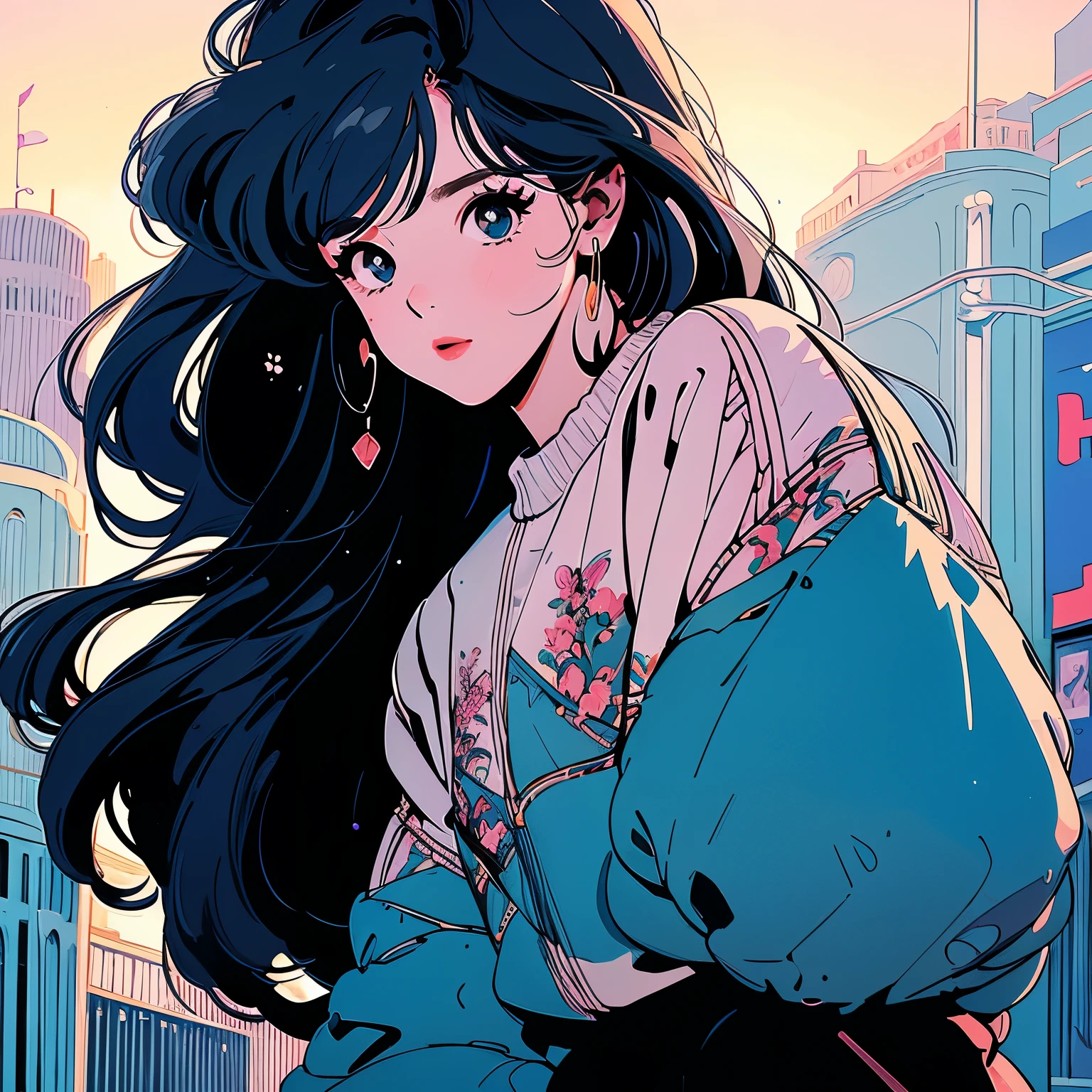 whole body, Upper Body、Beautiful woman、1 person, 4k, sweater、skirt, Shopping Street、Complex background、Blue medium length hair、Detailed Hair、Sexy look、Holding flowers