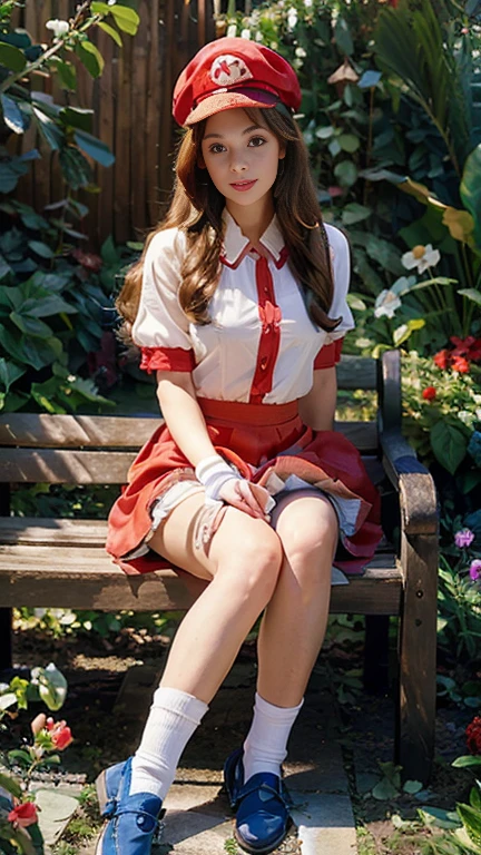 solo,1 Girl,18 years old,Wear casual clothing,White skin,Sun hat,Standing,miniskirt,Round scalp shoes,feature, Disney style, White background, Beautiful and delicate face,sideways,Sitting,sit on the chair,Look at the camera,,Calf socks