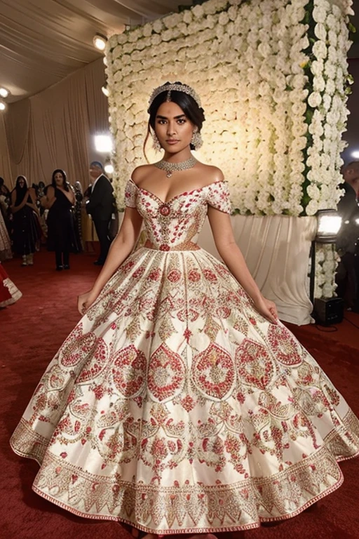 ((best quality)), ((Meisterwerk)), (Detailliert), Perfektes Gesicht, influencer Girl, indian ethnicity, symmetrical face, decoated with flower,,indian culture representation dress for met gala red carpet red and white ,,full dress idea,, awesome dress