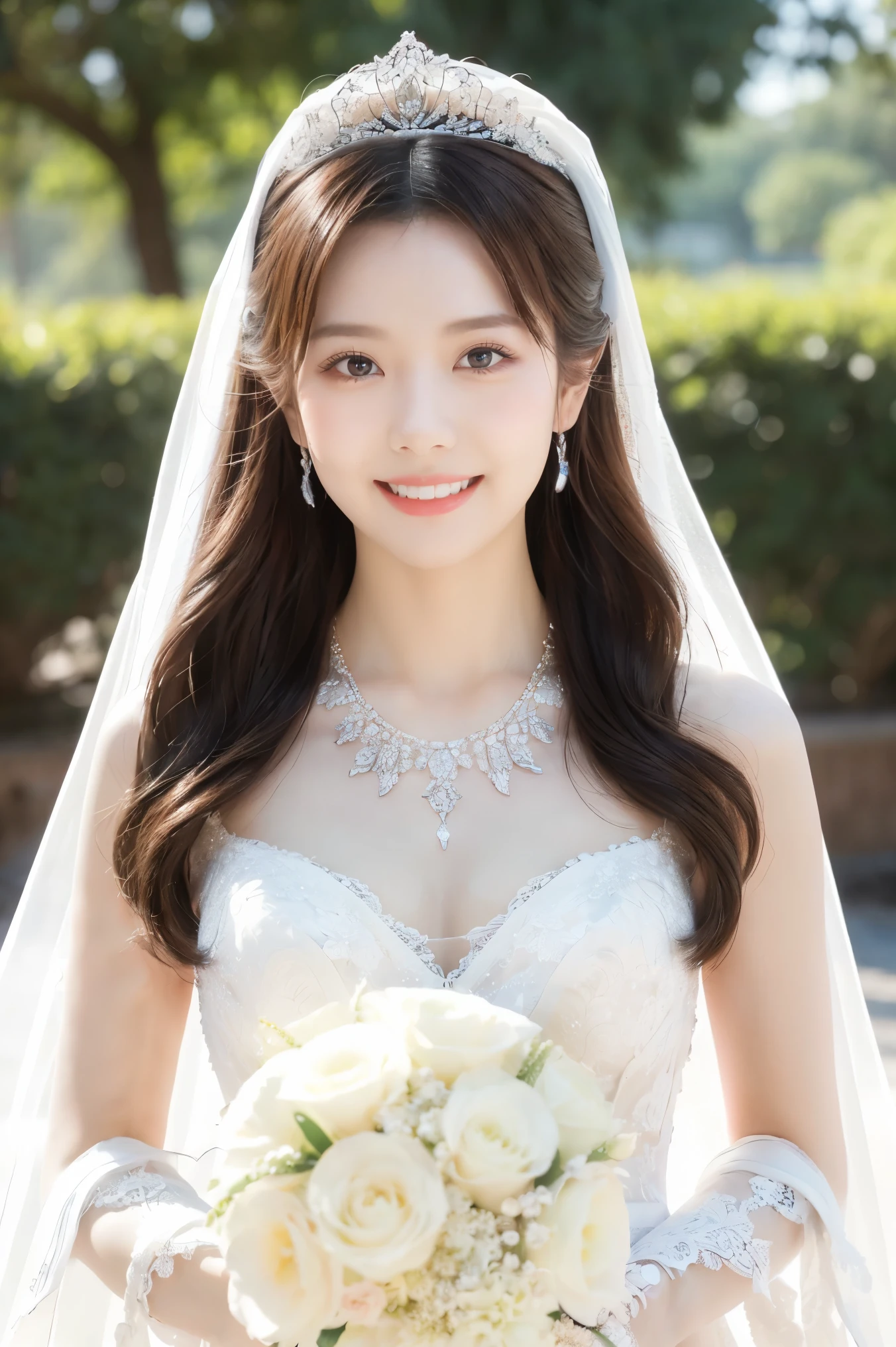 (highest quality、Tabletop、8k、Best image quality、Award-winning works)、One beautiful bride、(alone:1.1)、(The most extravagant and gorgeous huge wedding dresses:1.1)、(Perfect Wedding Lace:1.2)、(The most extravagant and luxurious giant tiara:1.1)、(The most extravagant and luxurious giant necklace:1.1)、The most beautiful smile is looking at me、A wide selection of the finest jewellery、(Bridal upper body photo:1.1)、Perfect Makeup、Long eyelashes、Ultra HD Shining Eyes、Ultra HD Hair、Ultra High Resolution Glossy Lips、Ultra High Resolution Perfect Teeth、Beautiful face in ultra-high definition、(Accurate anatomy:1.1)、(Very bright and beautiful skin:1.2)、(very bright and vivid:1.2)、(Luxury wedding venue background:1.1)